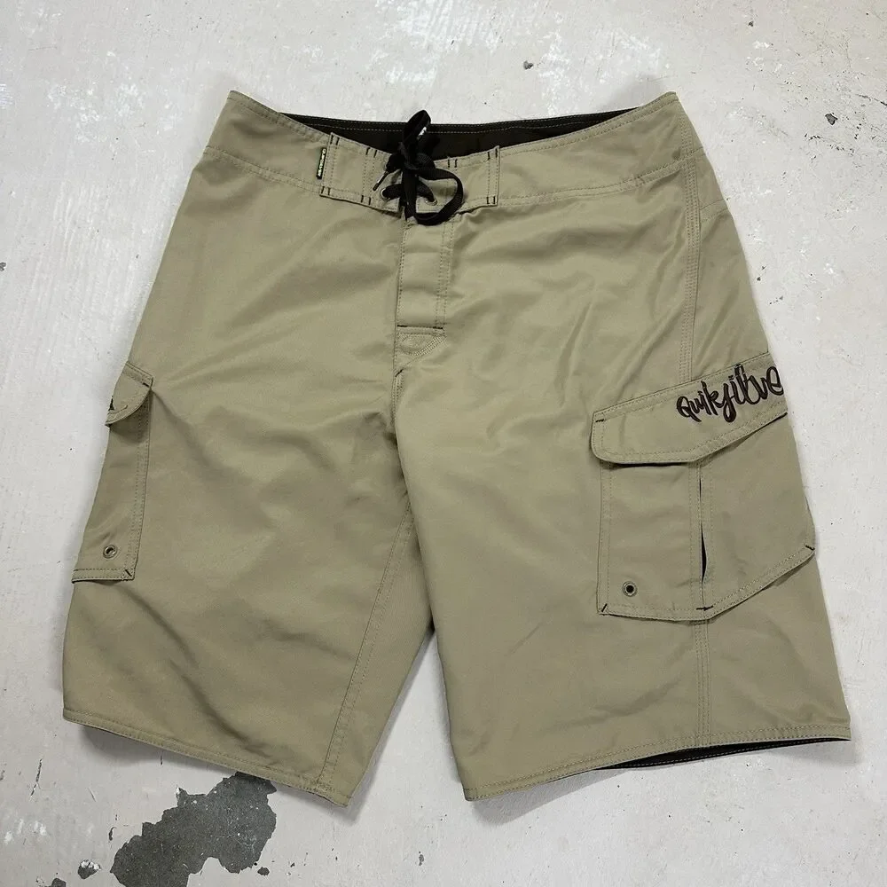 Vintage Quicksilver Sz 31 Mens Khaki Embroider Logo  Y2K Surf Board Shorts